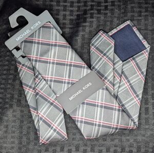 Silver Burgundy and White Plaid Michael Kors Tie.